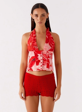 Temperature Regulating Fabric Modular Layering System Lets Pretend Halterneck Top - Sicily Sunsets Print