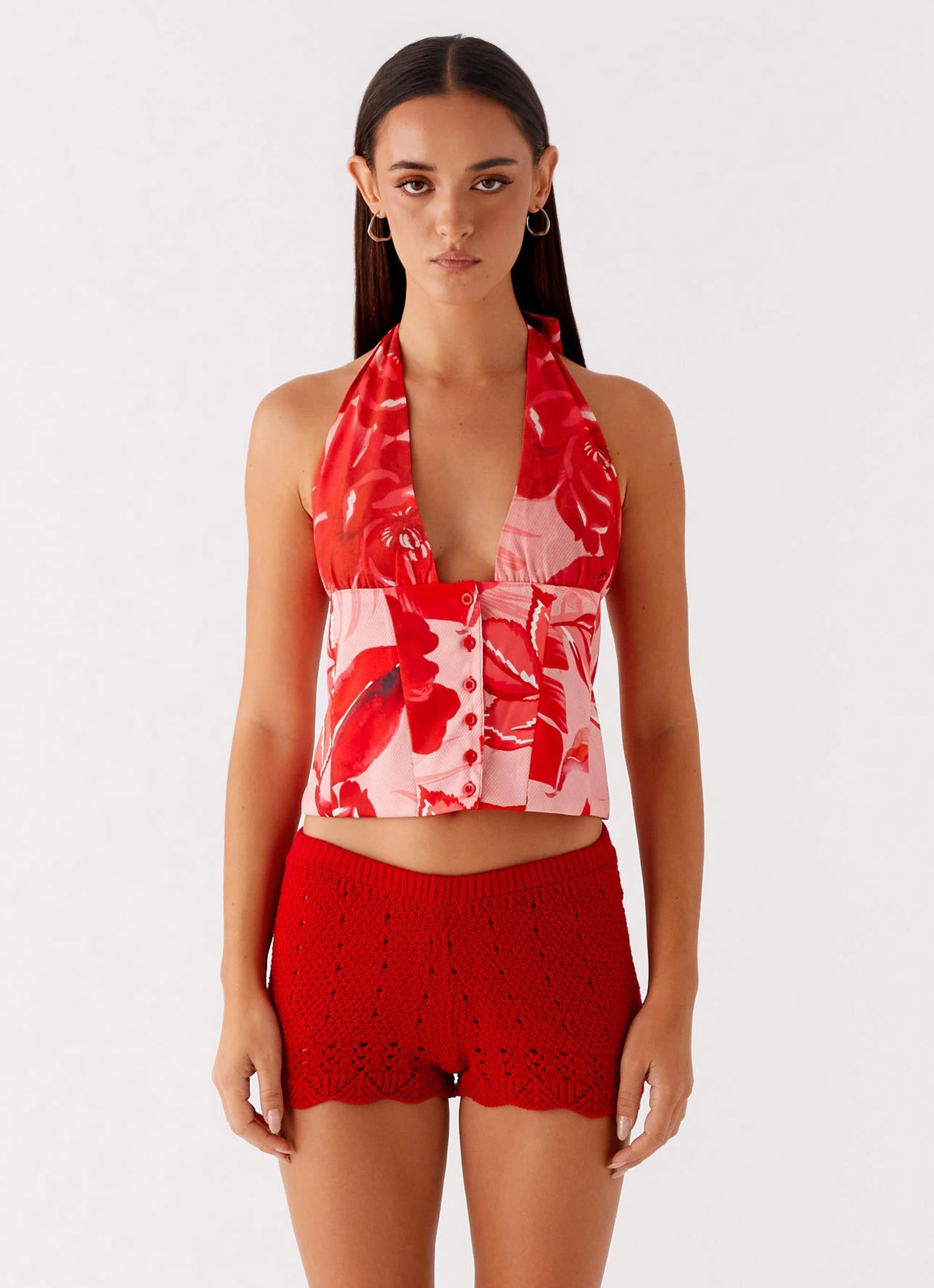 Temperature Regulating Fabric Modular Layering System Lets Pretend Halterneck Top - Sicily Sunsets Print