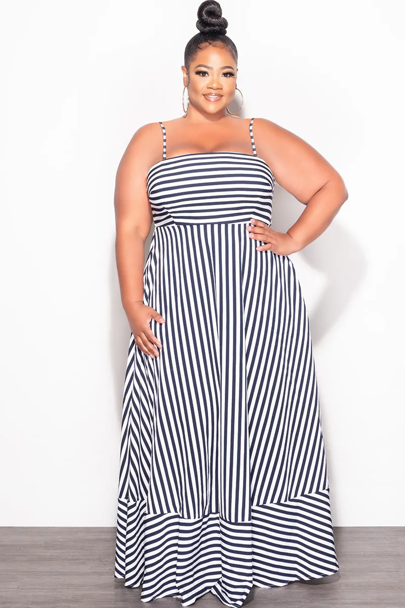 Timeless Appeal Non Binding Waist Final Sale Plus Size Frill Spaghetti Strap Maxi Dress in White and Navy Stripe Print