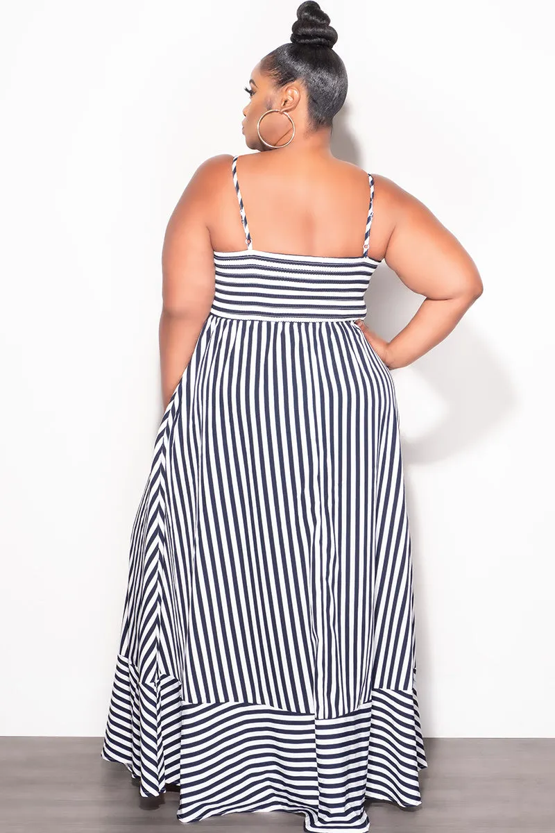 Versatile Design Final Sale Plus Size Frill Spaghetti Strap Maxi Dress in White and Navy Stripe Print