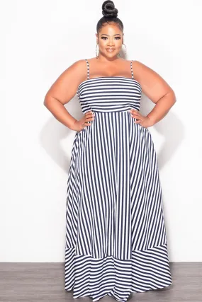 High Waist Stretch Final Sale Plus Size Frill Spaghetti Strap Maxi Dress in White and Navy Stripe Print