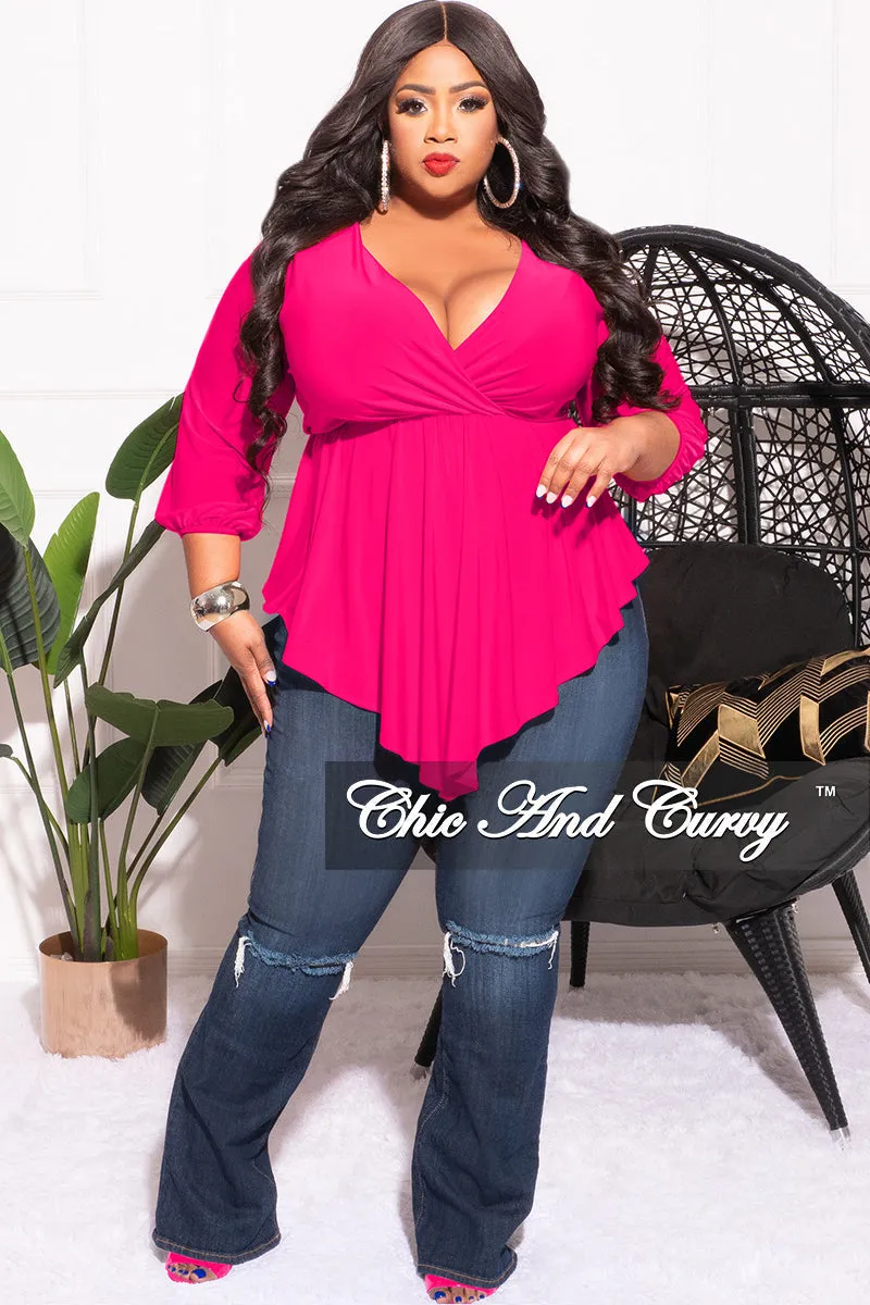 AdjustableTabs AntiPillingFabric Final Sale Plus Size Faux Wrap Asymmetrical Top in Fuchsia
