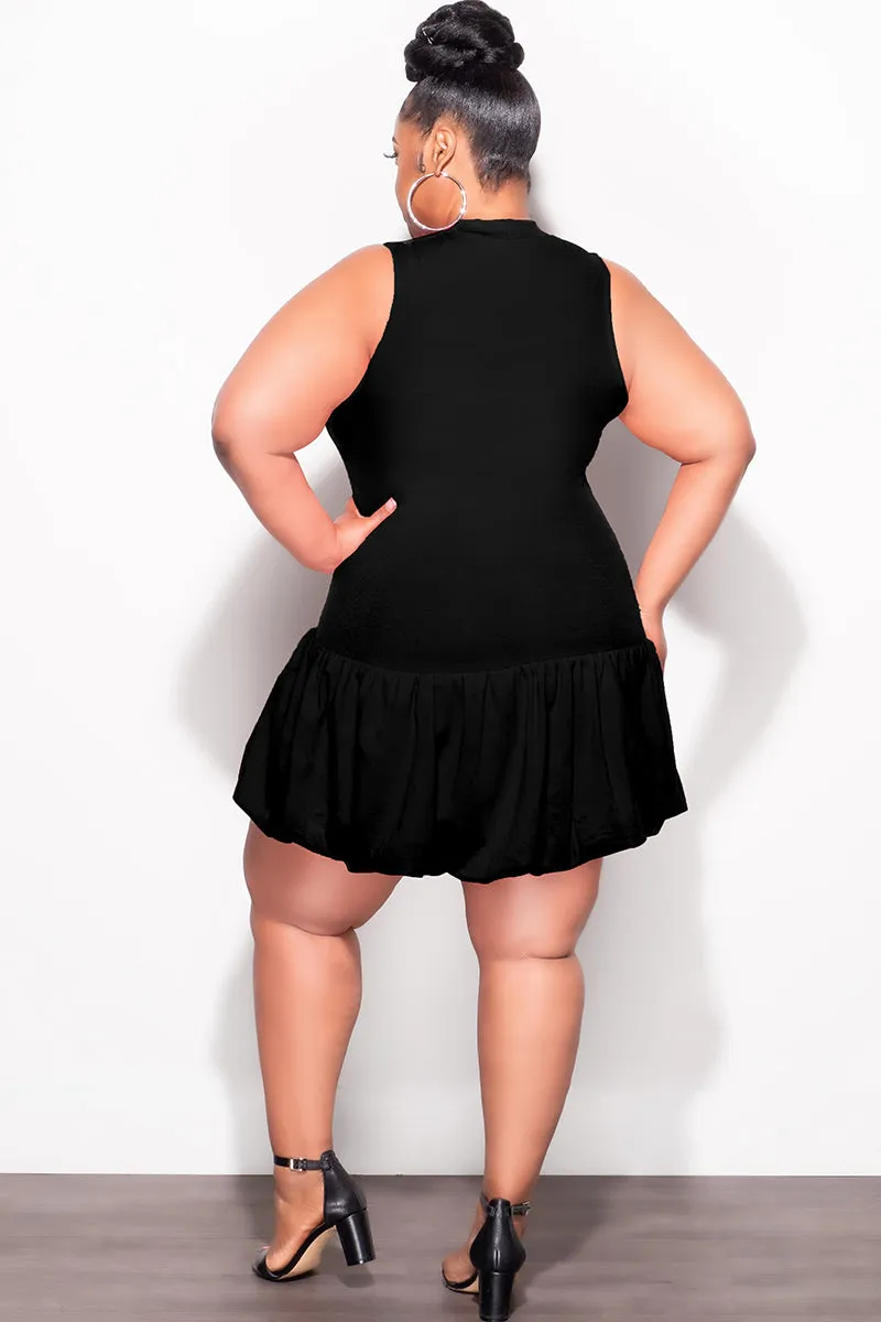 Final Sale Plus Size Cotton Sleeveless Bubble Mini Dress in Black Neutral Look Cool Comfort