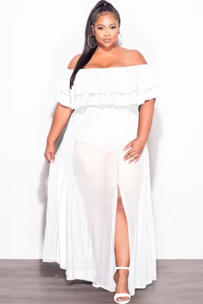 Perfect Length Comfort Waist Final Sale Plus Size Off the Shoulder Mesh Ruffle Bodysuit Dress with Double Slits in White