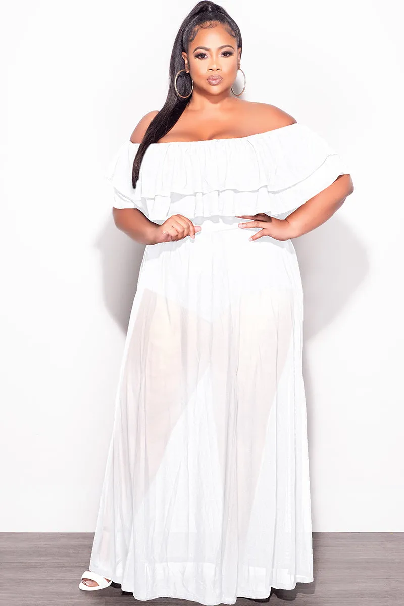 Final Sale Plus Size Off the Shoulder Mesh Ruffle Bodysuit Dress with Double Slits in White Core Comfort Flexible Performance