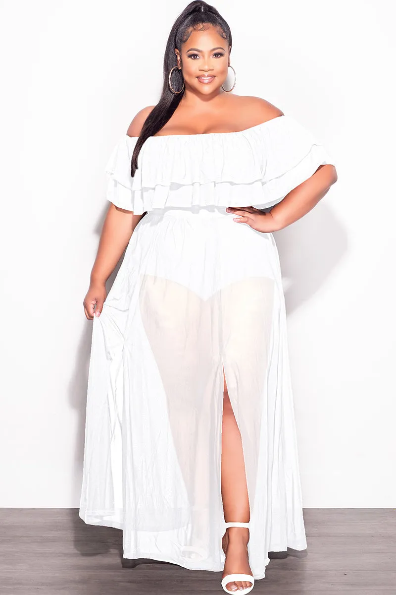 Final Sale Plus Size Off the Shoulder Mesh Ruffle Bodysuit Dress with Double Slits in White Non Binding Waist