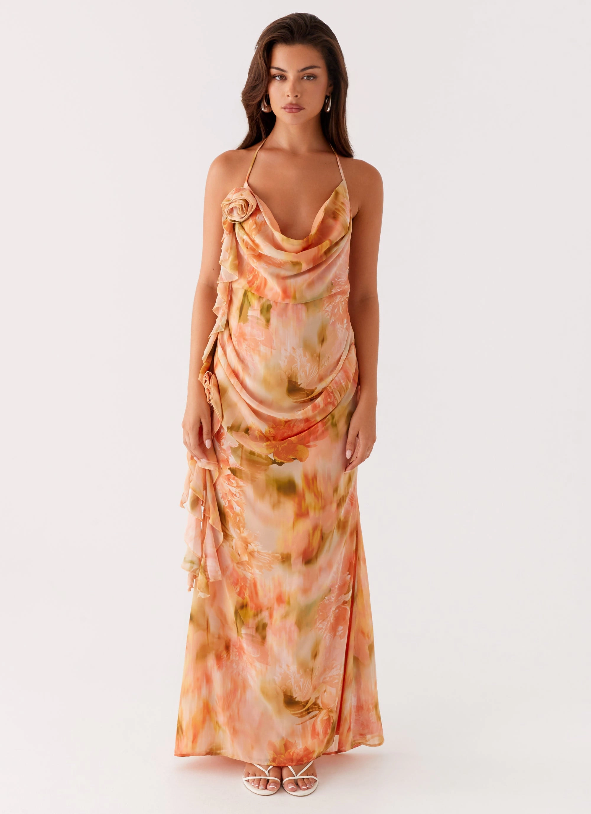 Edge Shape Padded-Bust Diedre Rose Strappy Maxi Dress - Sunset Floral