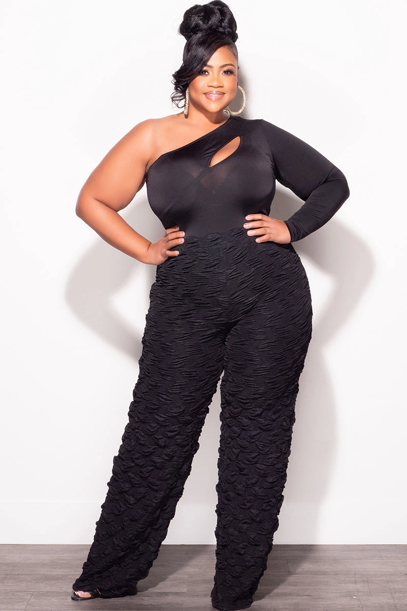 Final Sale Plus Size 2pc One Shoulder Cutout Bodysuit Top and Pants Set in Black Comfort Waist