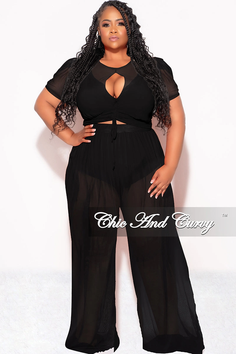 Comfort-First Final Sale Plus Size Mesh (See Through) 3pc Set Top, Bralette, & Pant with Briefs in Black