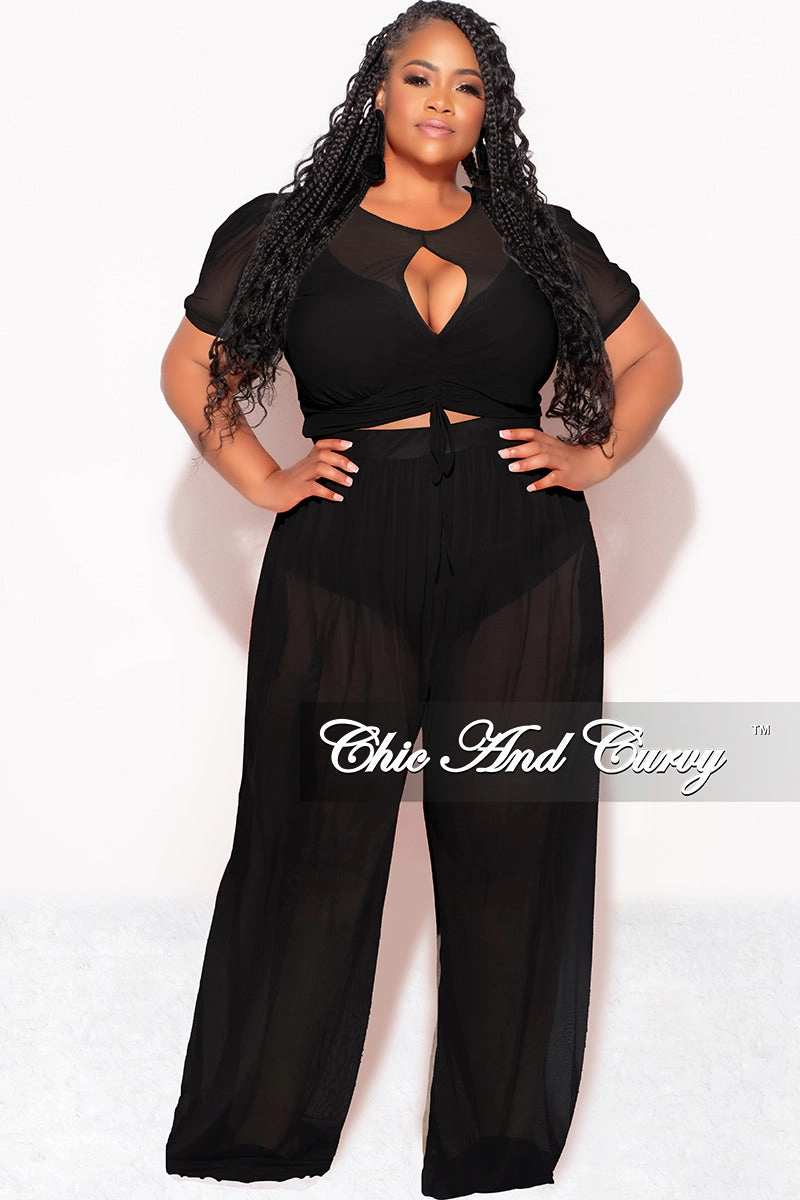 Final Sale Plus Size Mesh (See Through) 3pc Set Top, Bralette, & Pant with Briefs in Black Anti Pilling Textile Tailored Wear