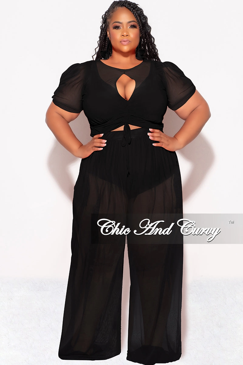 Final Sale Plus Size Mesh (See Through) 3pc Set Top, Bralette, & Pant with Briefs in Black Easy Flex Design