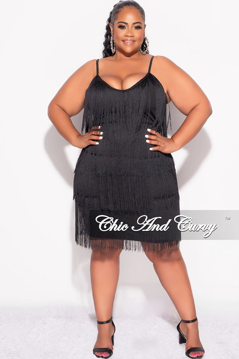 Final Sale Plus Size Spaghetti Strap BodyCon Fringe Dress in Black clean design
