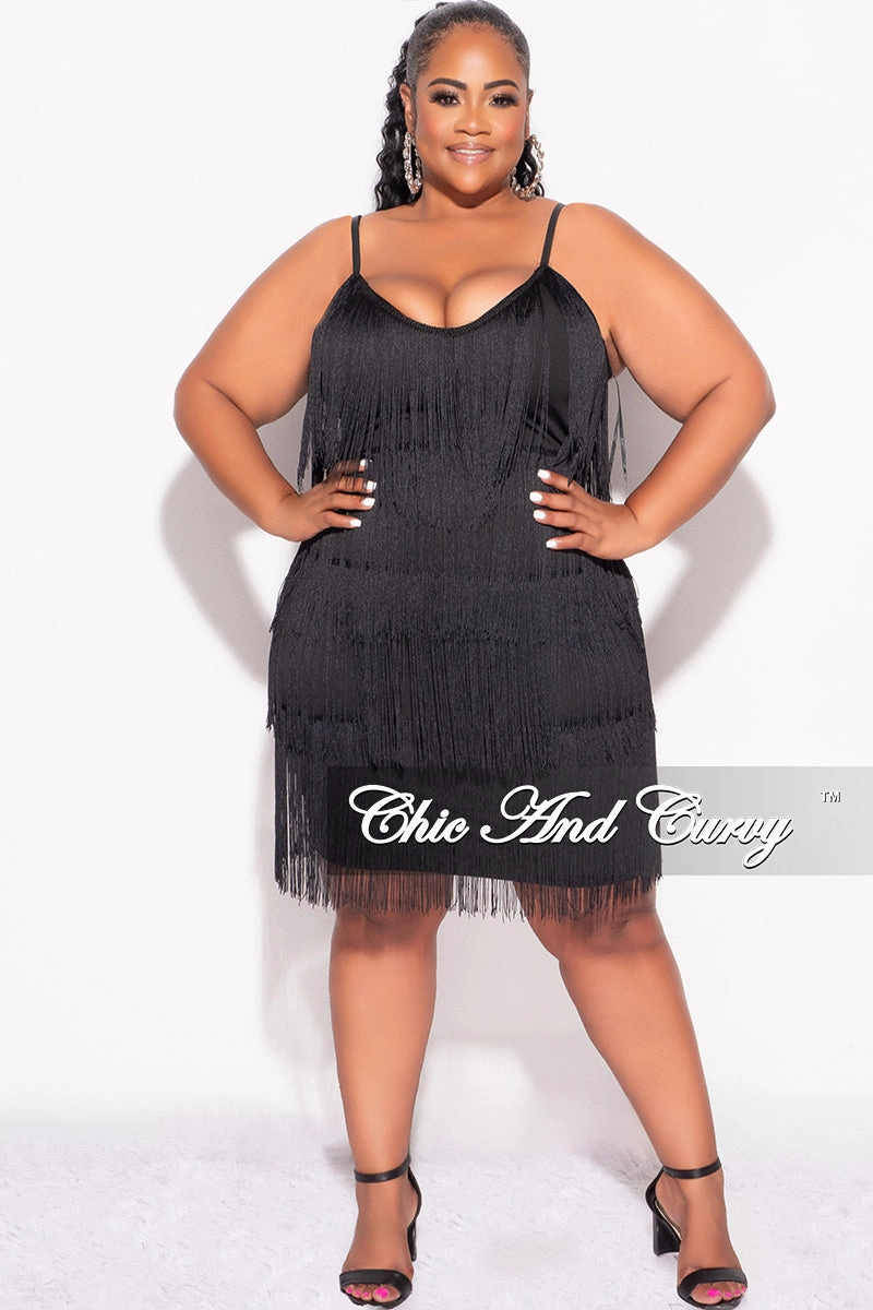 Final Sale Plus Size Spaghetti Strap BodyCon Fringe Dress in Black Packable design