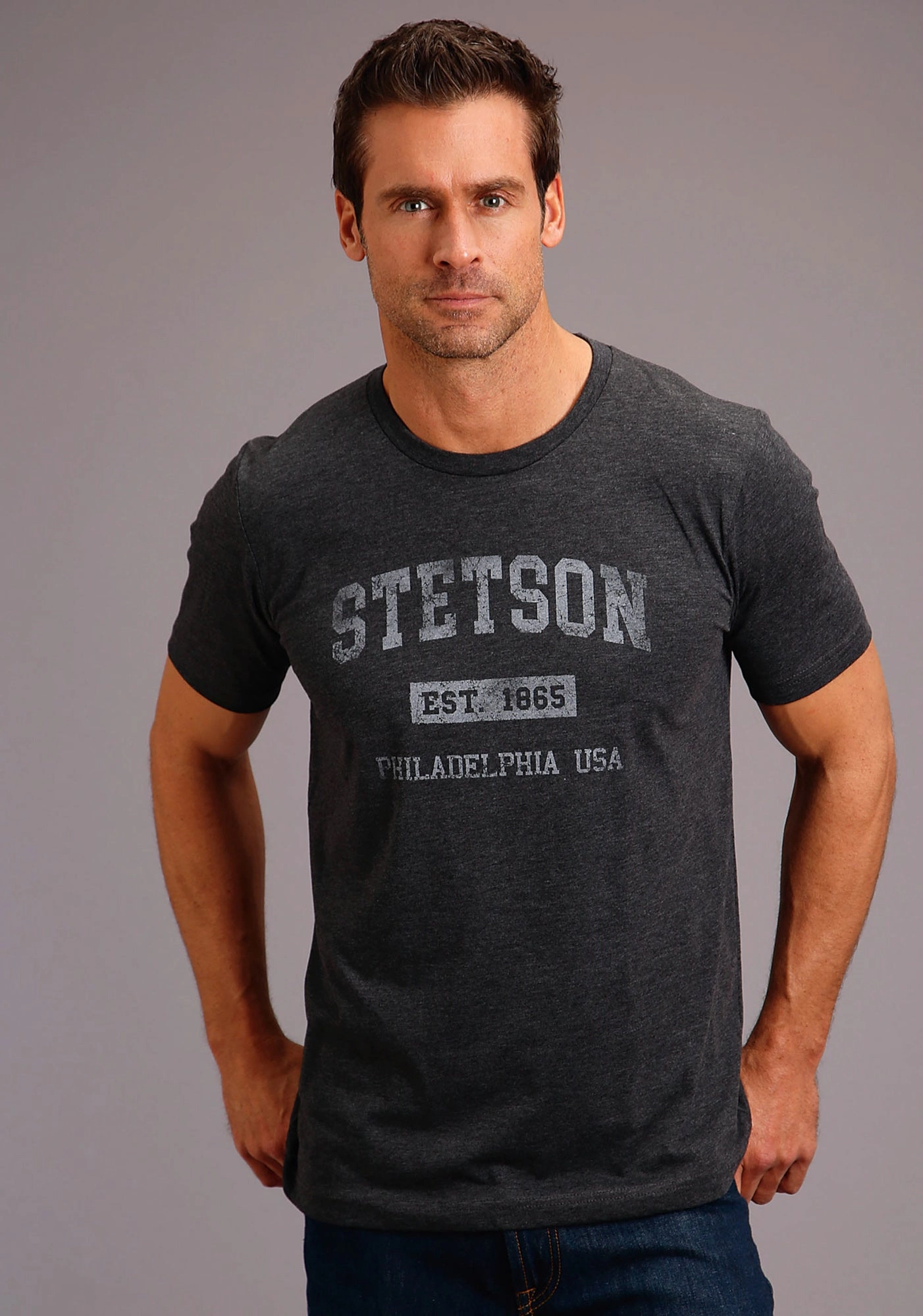 Stetson Mens Heather Grey Cotton Blend Philly S/S T-Shirt Reinforced Collar All Purpose Weave Design