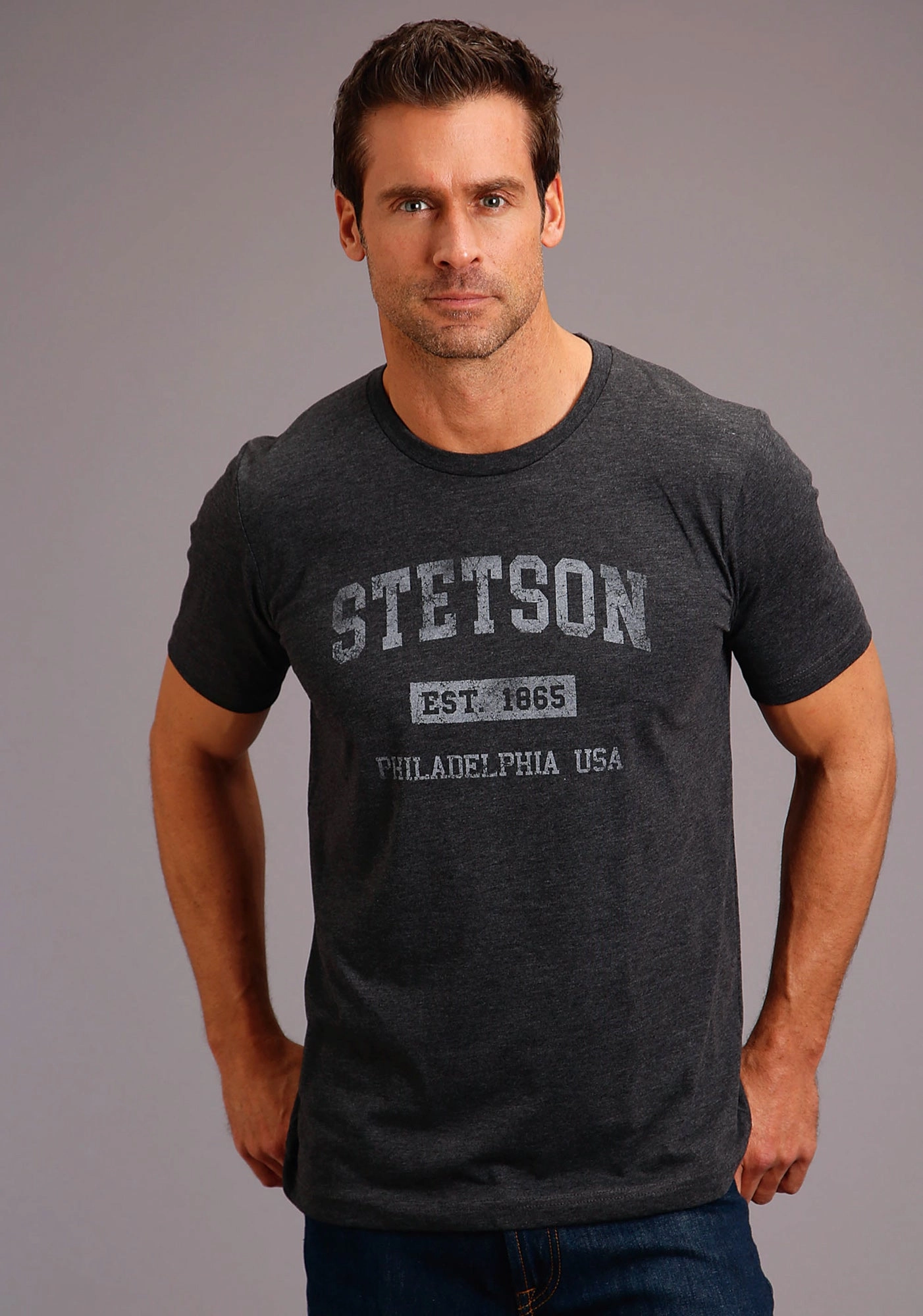 Low Profile Pocket Design quick dry Stetson Mens Heather Grey Cotton Blend Philly S/S T-Shirt