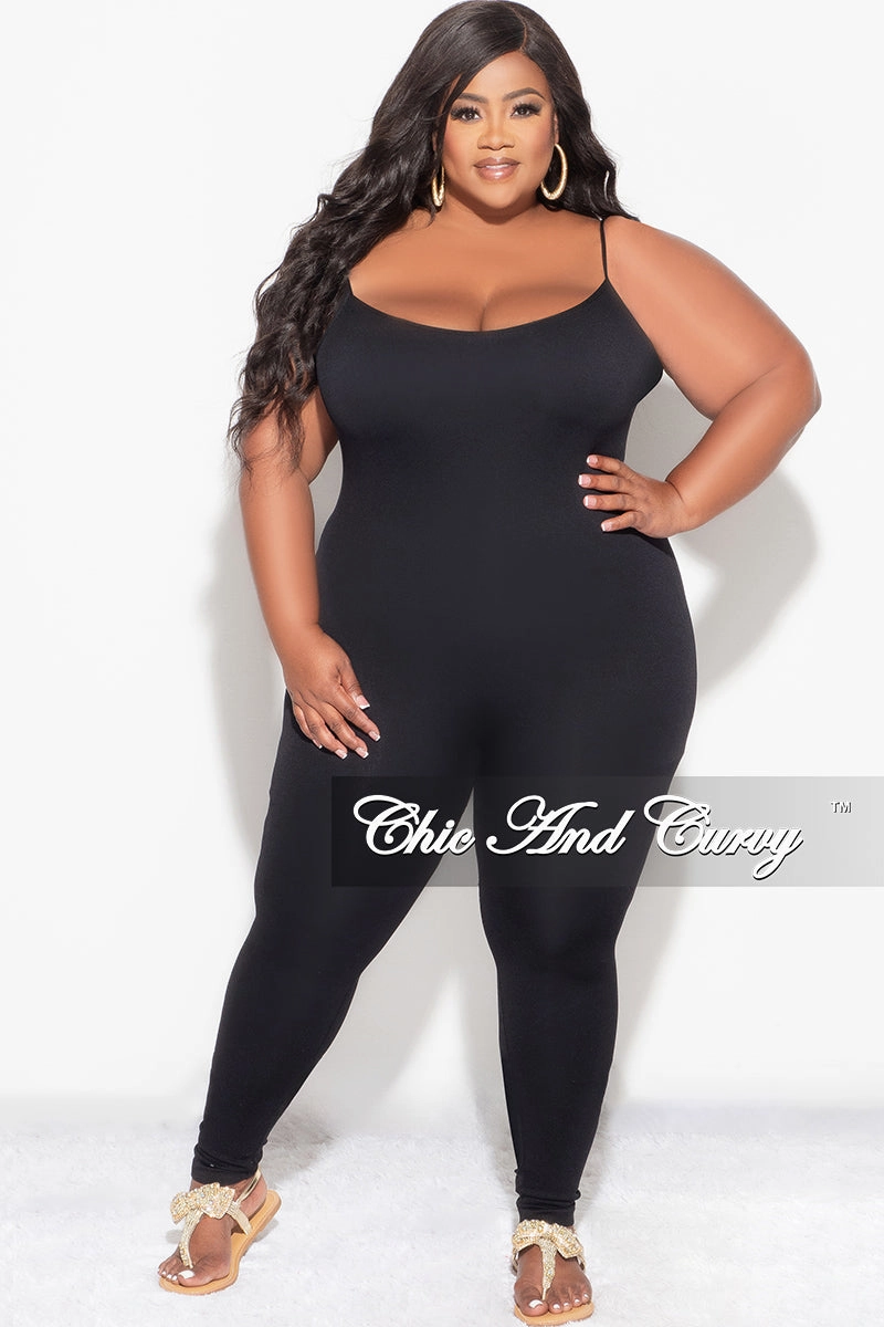 Final Sale Plus Size Spaghetti Strap Catsuit Unitard in Black Stretchable Waist Structured Hemline