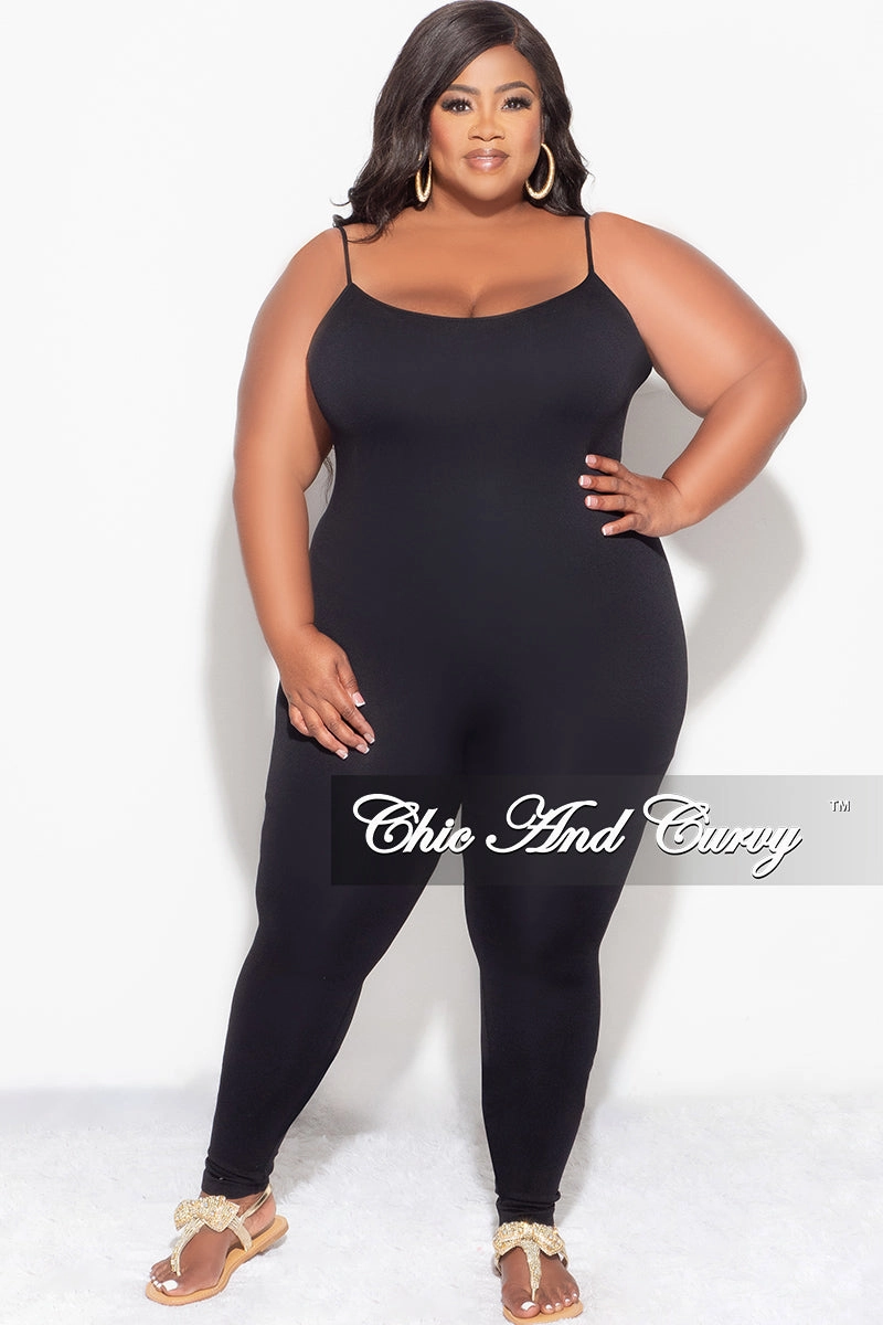 Final Sale Plus Size Spaghetti Strap Catsuit Unitard in Black Comfy Shape
