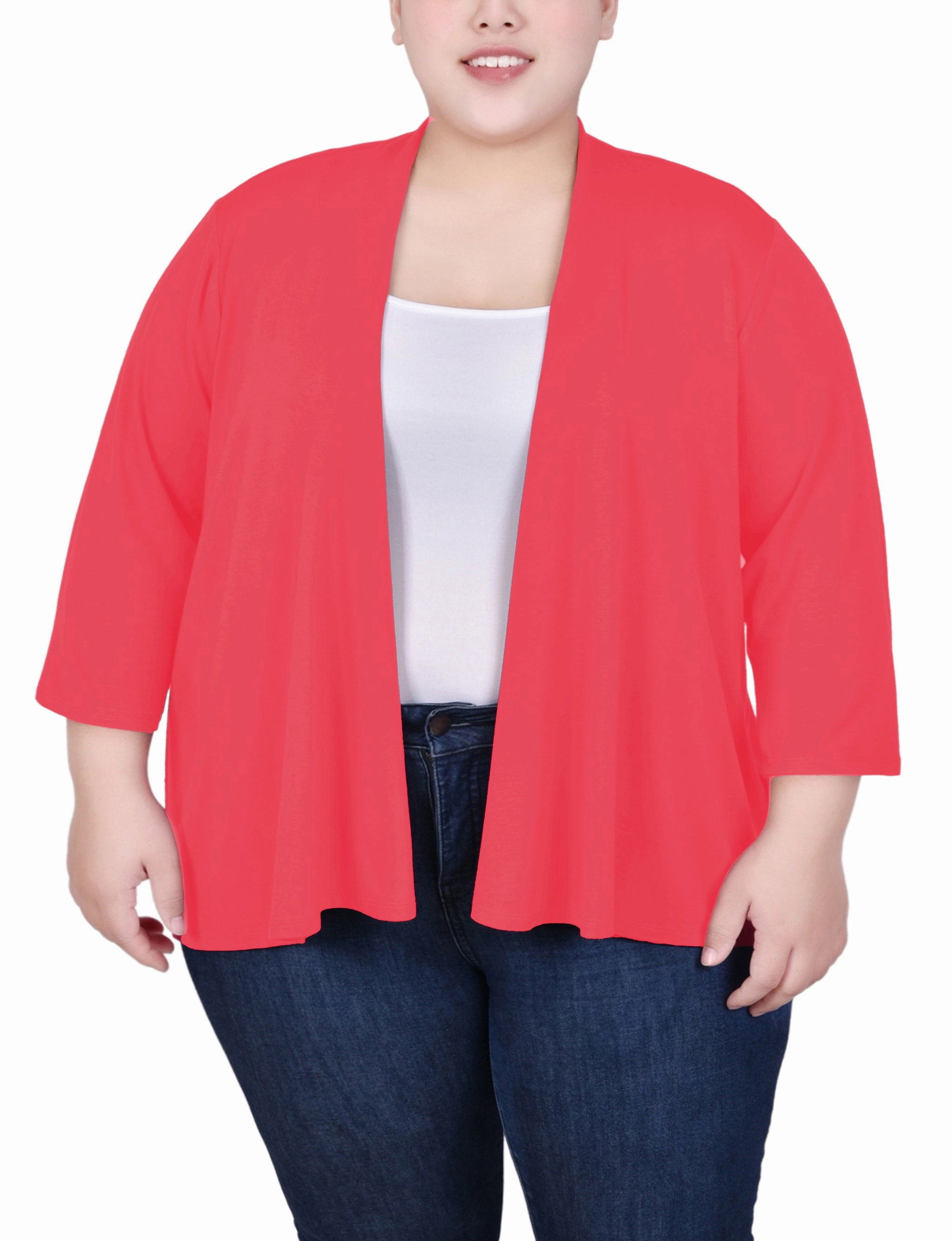 Plus Size 3/4 Sleeve Solid Cardigan MeshPanelIntegration