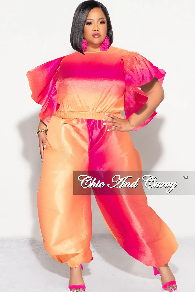 Final Sale Plus 2pc Ruffle Top and Balloon Pants Set in Fuchsia Ombre Color Print Quick Access Pockets
