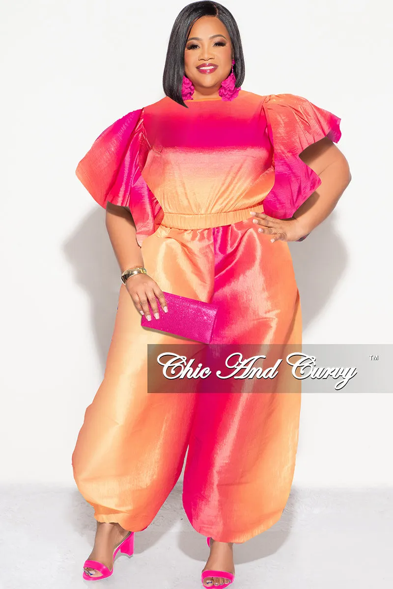 Effortless Layer Work Flex Final Sale Plus 2pc Ruffle Top and Balloon Pants Set in Fuchsia Ombre Color Print
