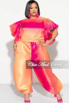 Final Sale Plus 2pc Ruffle Top and Balloon Pants Set in Fuchsia Ombre Color Print Quick Access Pockets