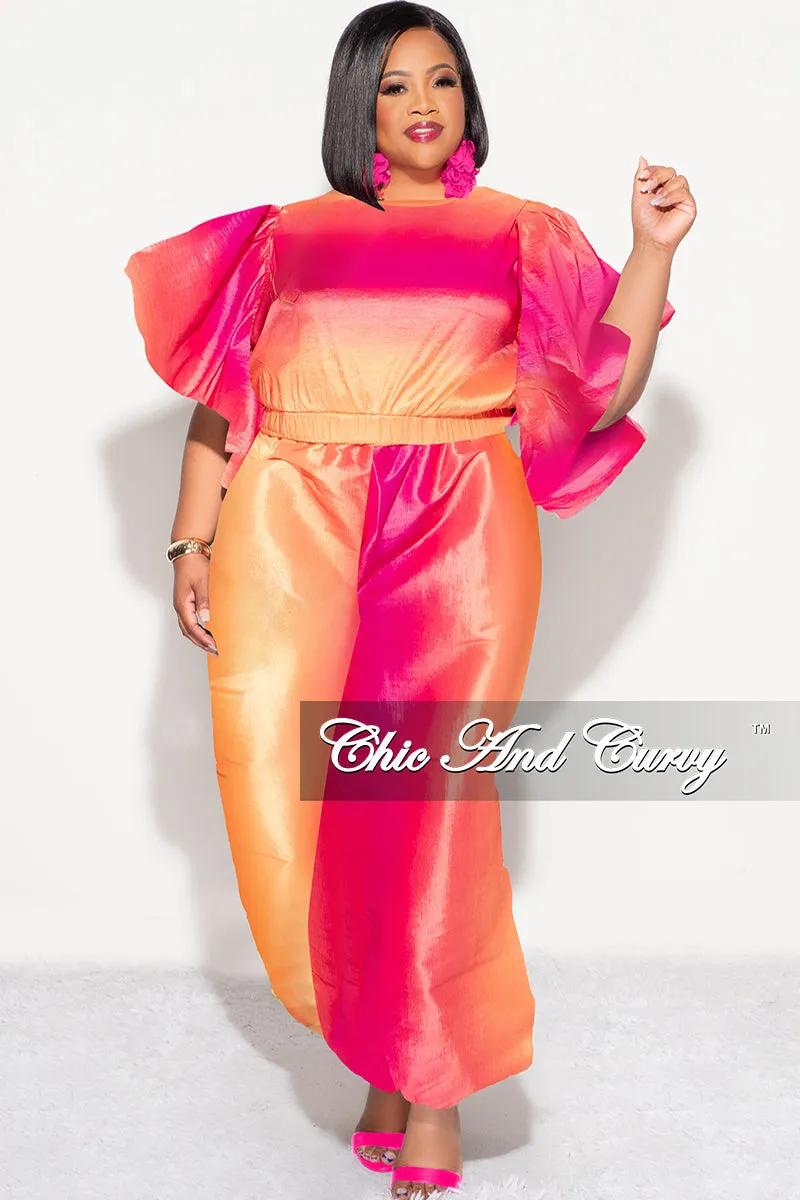 Final Sale Plus 2pc Ruffle Top and Balloon Pants Set in Fuchsia Ombre Color Print Reflective details