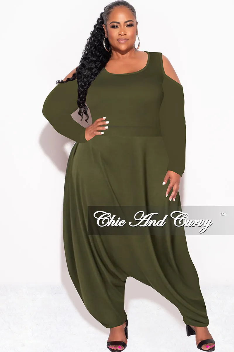 Moisture Management Final Sale Plus Size Cold Shoulder Harem Jumpsuit in Olive