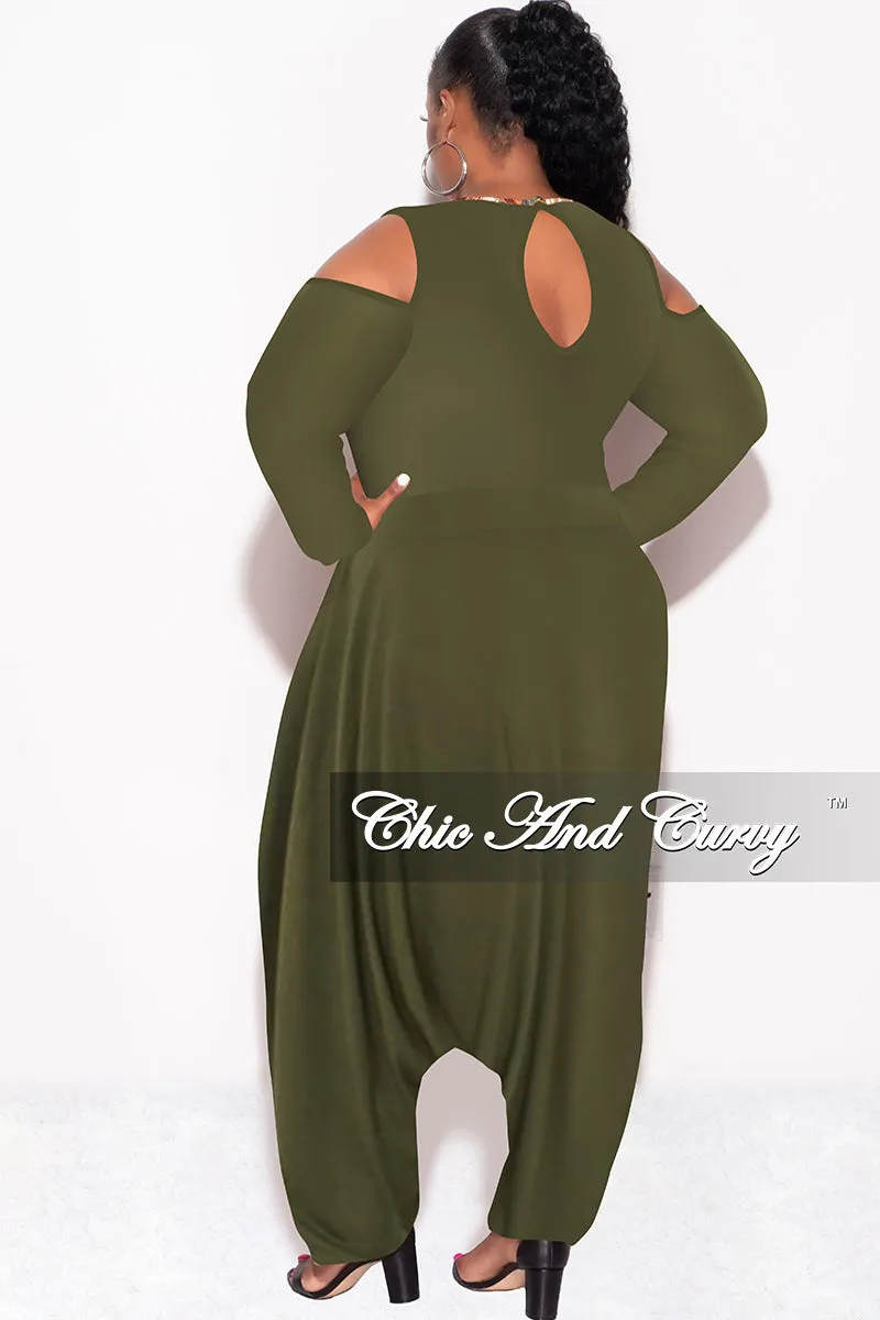 Adaptive Fit Chill Comfort Fit Final Sale Plus Size Cold Shoulder Harem Jumpsuit in Olive