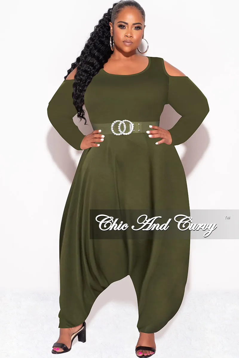 Final Sale Plus Size Cold Shoulder Harem Jumpsuit in Olive Flexible Waist
