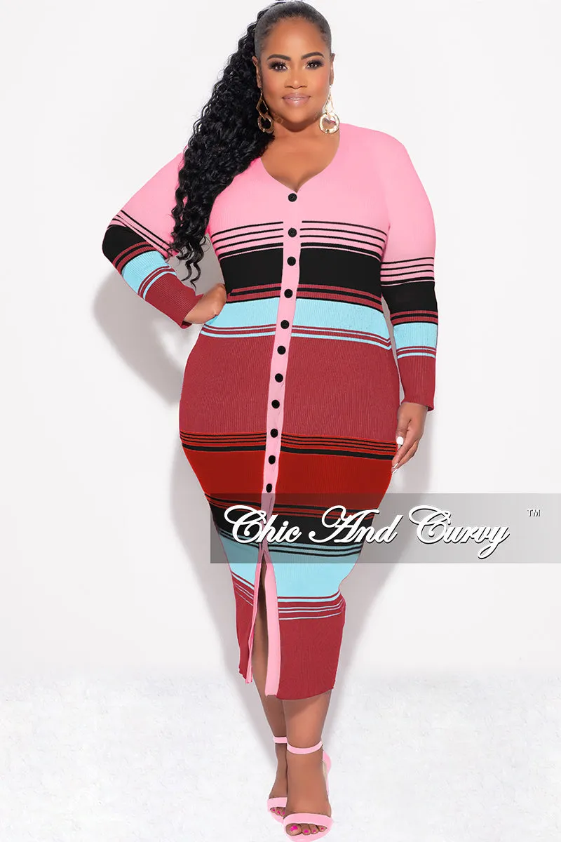 Breathable Comfort Fit Utility Fit Final Sale Plus Size Button Up Midi Dress in Pink Multi Color Stripe Print