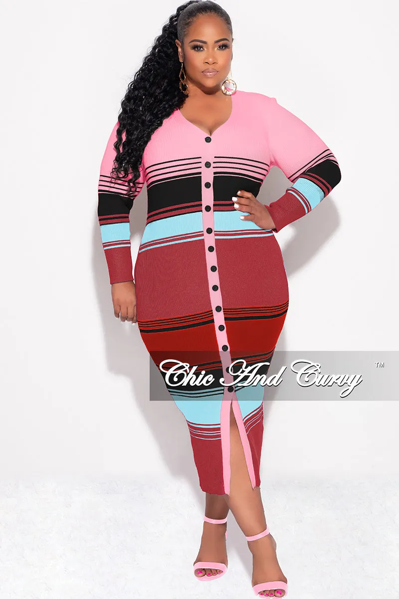 Air Circulation Layer-Friendly Final Sale Plus Size Button Up Midi Dress in Pink Multi Color Stripe Print