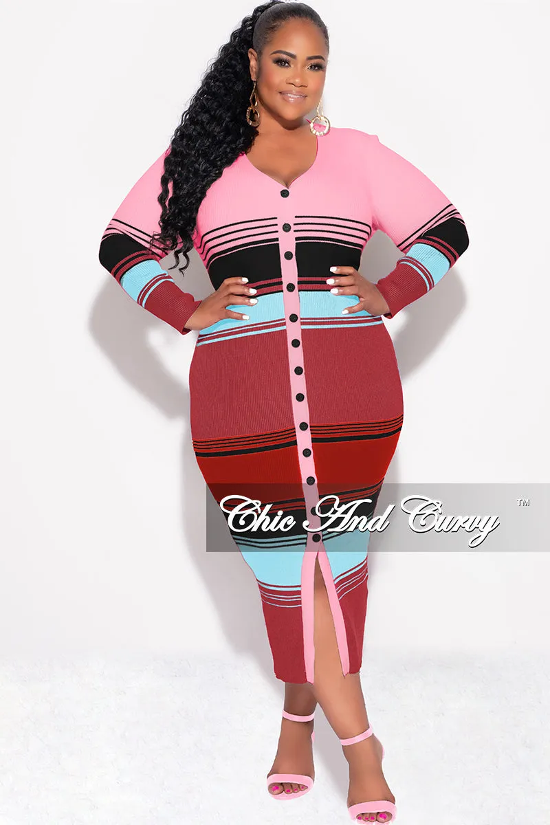 Final Sale Plus Size Button Up Midi Dress in Pink Multi Color Stripe Print Seam-Free