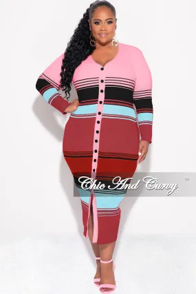 Trendy Layering Final Sale Plus Size Button Up Midi Dress in Pink Multi Color Stripe Print