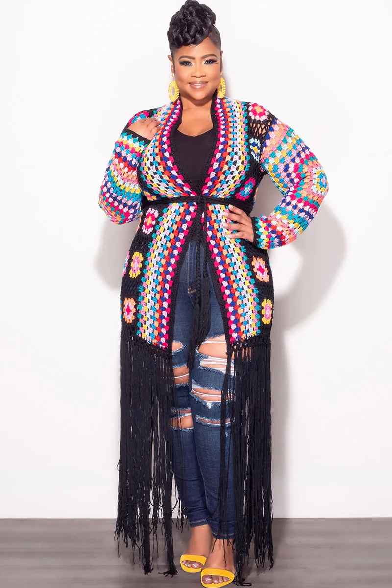 Ultimate Wear Final Sale Plus Size Crochet Cardigan with Bottom Fringe in Black
