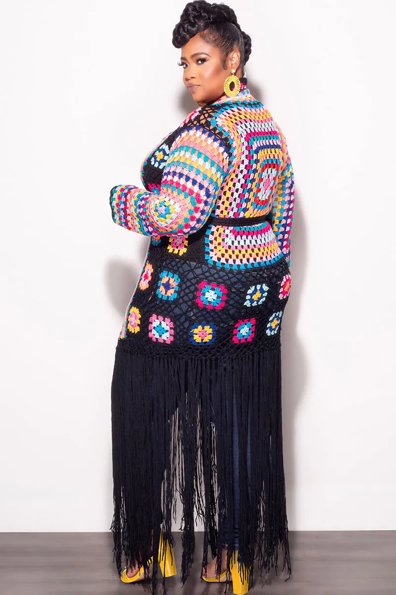 Final Sale Plus Size Crochet Cardigan with Bottom Fringe in Black Embroidered Detail