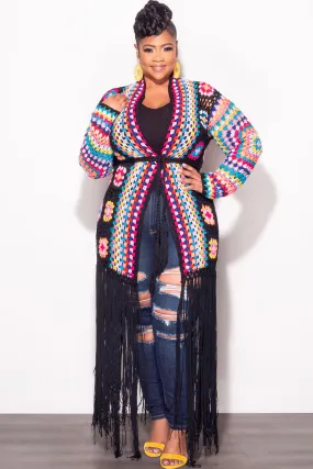 Ultimate Wear Final Sale Plus Size Crochet Cardigan with Bottom Fringe in Black