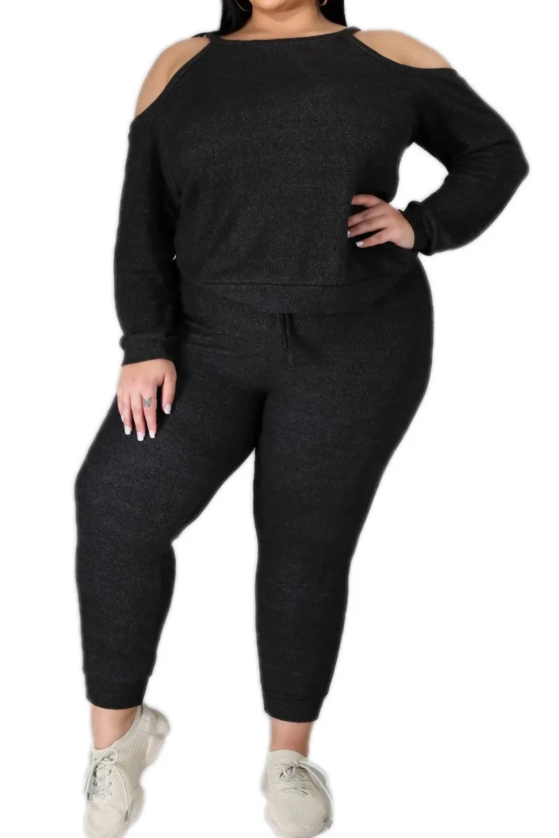 Final Sale Plus Size 2pc (Top & Jogger) Set In Charcoal Low Bulk Material Outdoor Activity