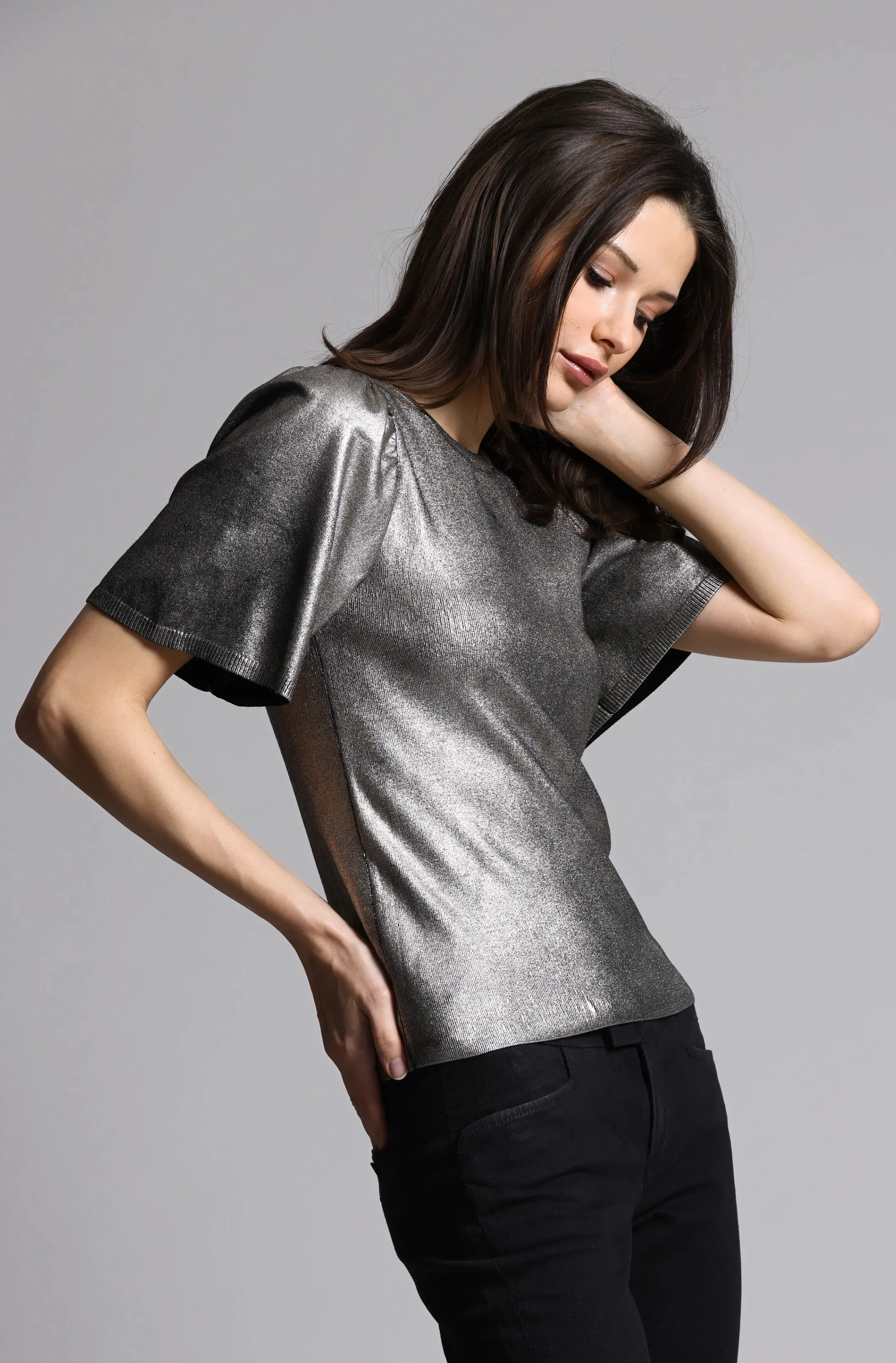 Minnie Rose Viscose Metallic Flared Sleeve Top CollapsibleFrame MinimalistCut