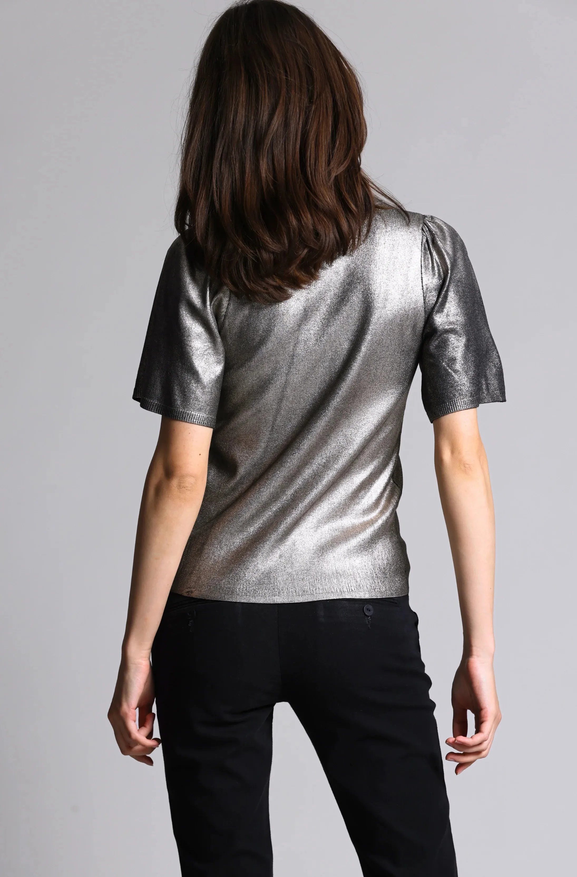 Tubular Body Construction Minnie Rose Viscose Metallic Flared Sleeve Top