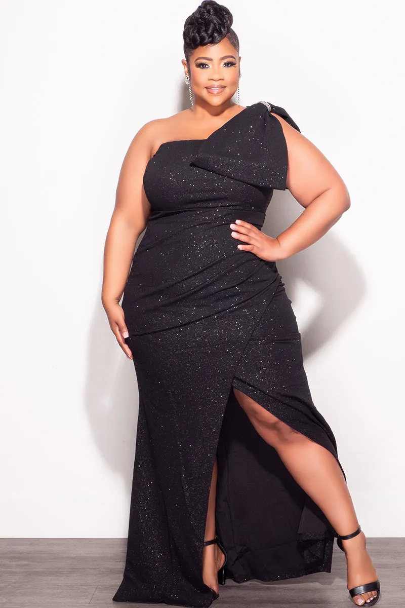 Final Sale Plus Size Glitter One Shoulder Gown with Bow in Black Modern Relaxed Stretch Panel