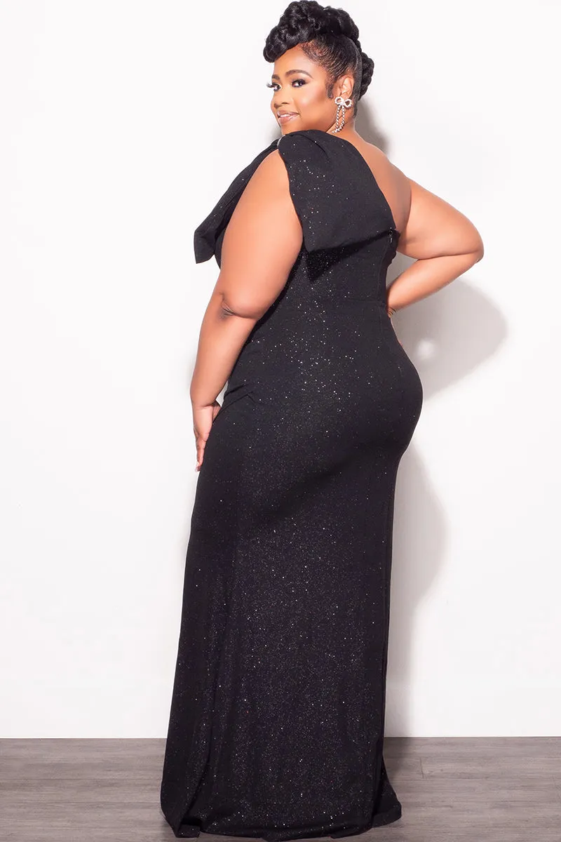 Final Sale Plus Size Glitter One Shoulder Gown with Bow in Black DurableConstruction