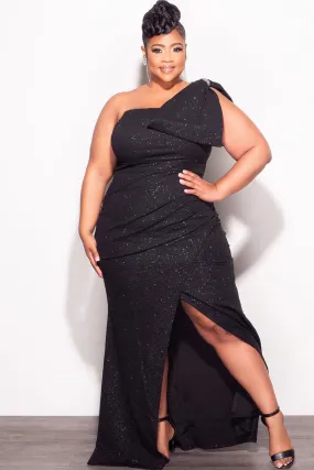 Final Sale Plus Size Glitter One Shoulder Gown with Bow in Black Modern Relaxed Stretch Panel