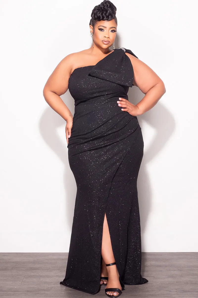 Cozy And Stylish Zip-off legs Final Sale Plus Size Glitter One Shoulder Gown with Bow in Black