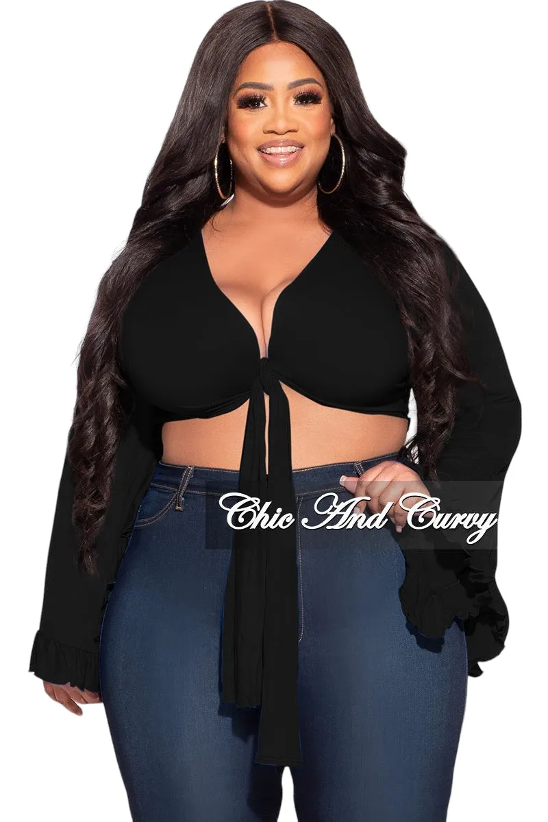 Final Sale Plus Size Crop Tie Top with Bell Sleeves in Black Casual Essentials