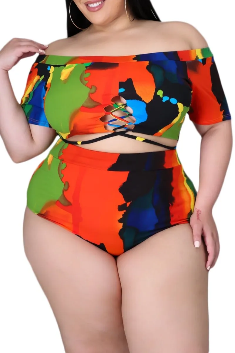 ElasticWaistband Final Sale Plus Size 2-Pc Poolside Playsuit (Off The Shoulder Crop Top & High Waist Bottoms) in Multi-Colors