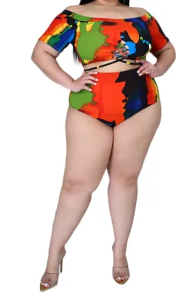 ReflectiveAccentDetails Final Sale Plus Size 2-Pc Poolside Playsuit (Off The Shoulder Crop Top & High Waist Bottoms) in Multi-Colors