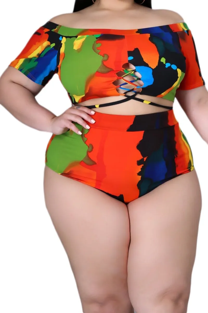 Final Sale Plus Size 2-Pc Poolside Playsuit (Off The Shoulder Crop Top & High Waist Bottoms) in Multi-Colors Timeless Fit Street Utility