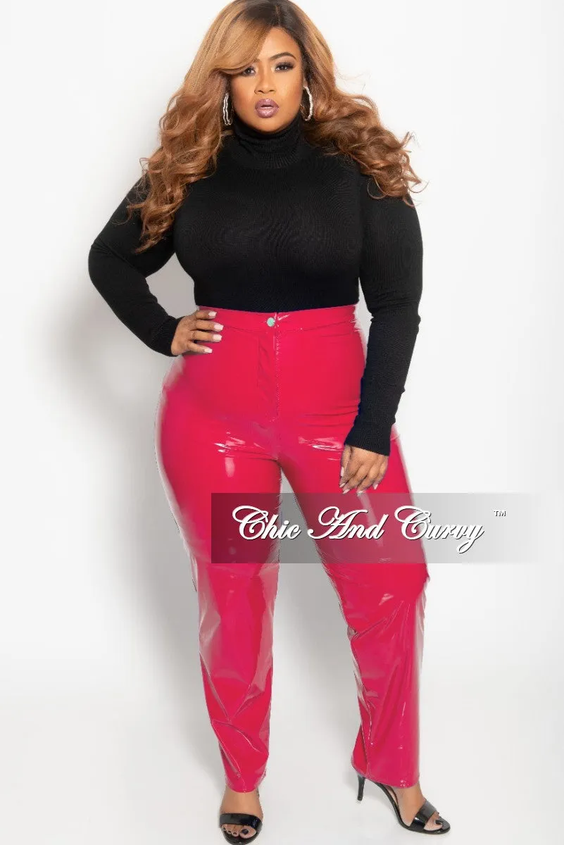 Final Sale Plus Size High Waist Patent Leather Pants with Front Gold Button in Hot Pink OrganicCottonBlend Easy Comfort
