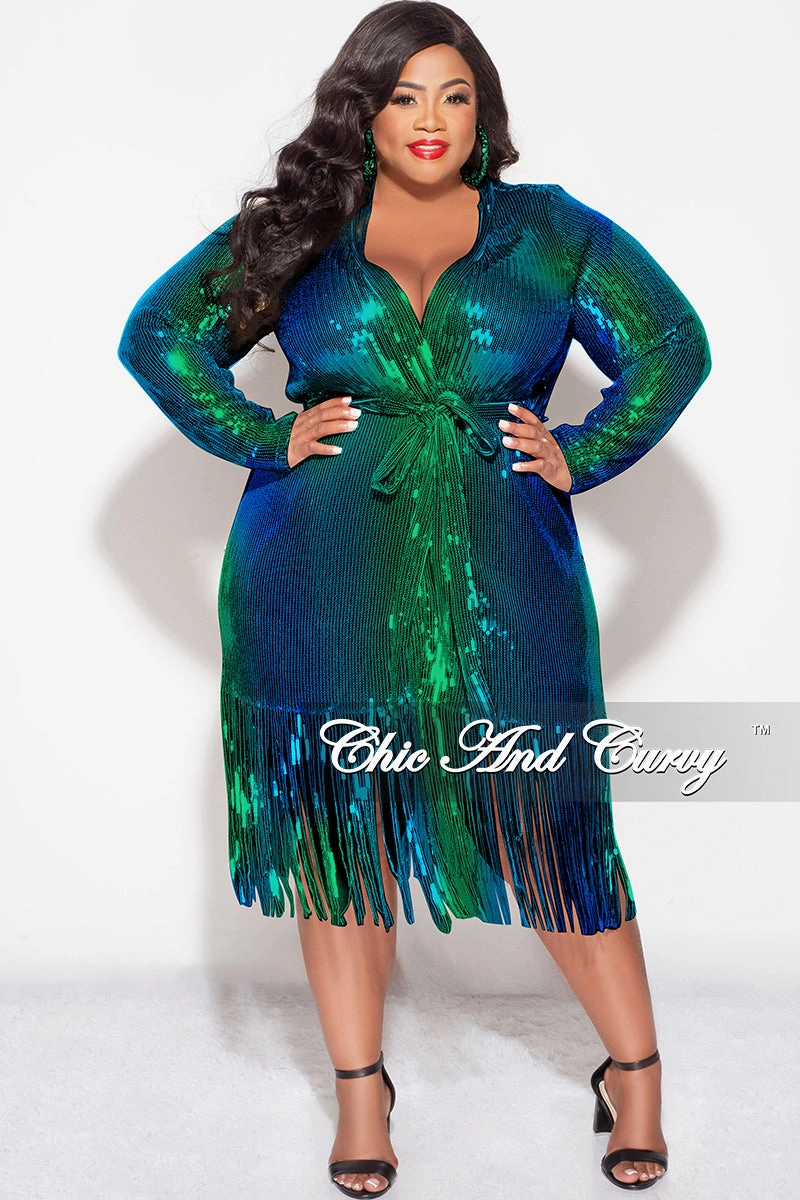Summer Wardrobe Final Sale Plus Size Faux Sequin Mermaid Duster with Belt in Green and Blue