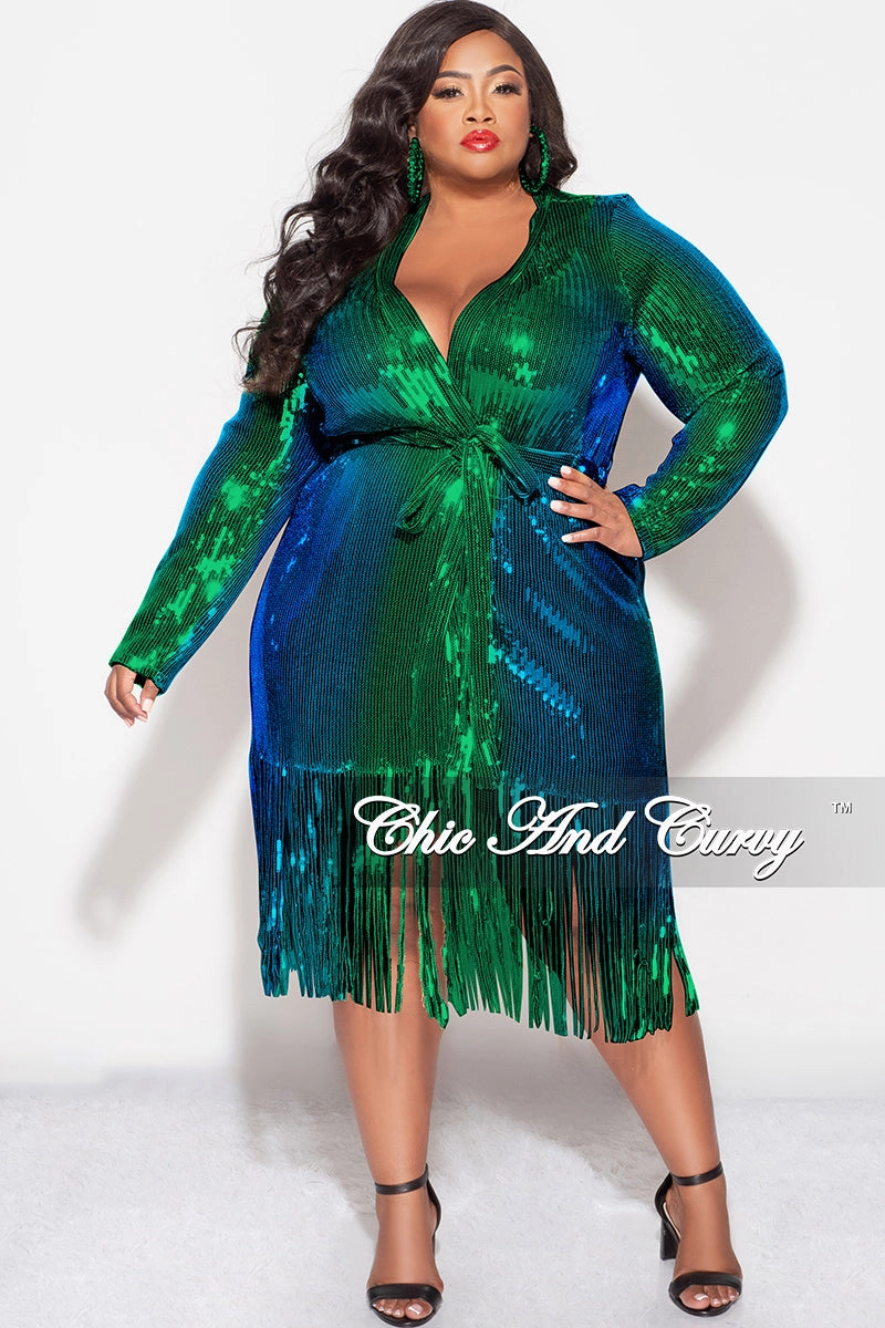 PocketDetail Final Sale Plus Size Faux Sequin Mermaid Duster with Belt in Green and Blue